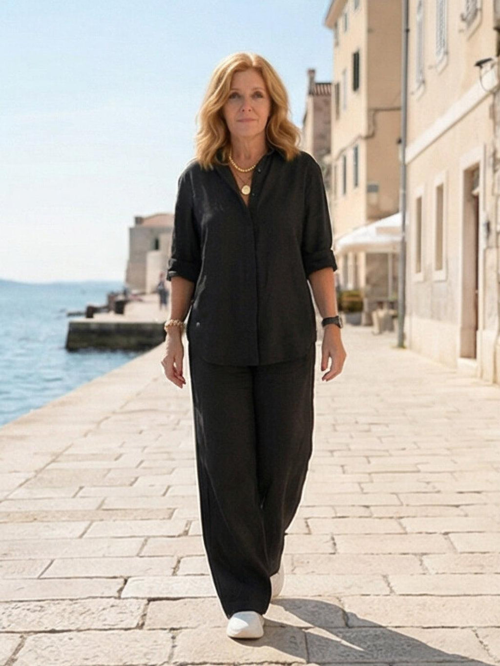 Vivian | Women's Casual Button-Down Shirt and Wide-Leg Pants Set